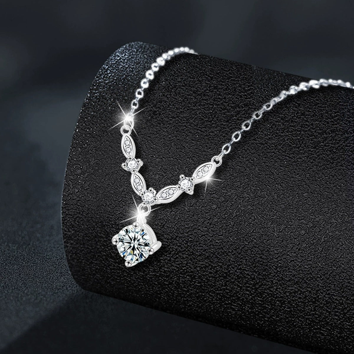 Galaxy Round Moissanite Drop Necklace with CZ in Gold-Plated S925 sterling silver display scene showing chain and stone layout