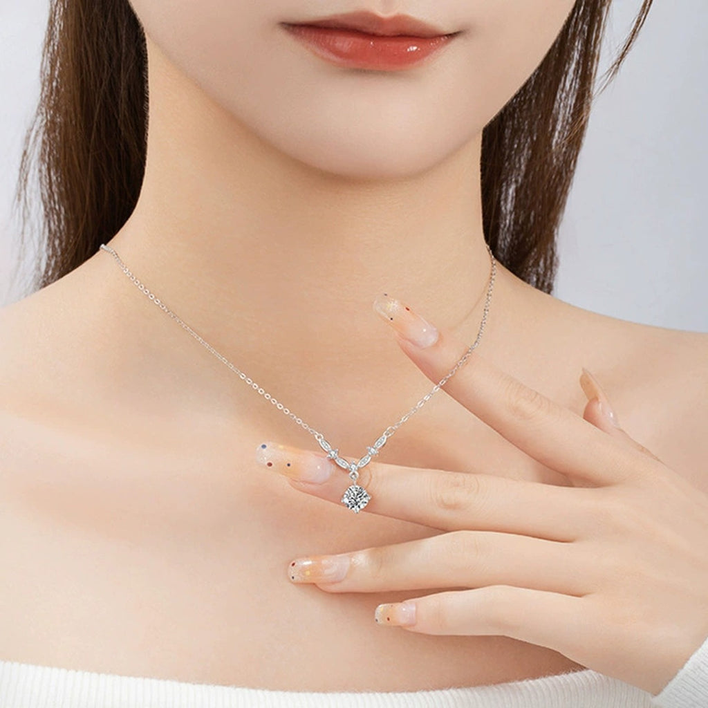 Galaxy Round Moissanite Drop Necklace with CZ in Gold-Plated S925 sterling silver additional worn styling view showing the pendant on the body