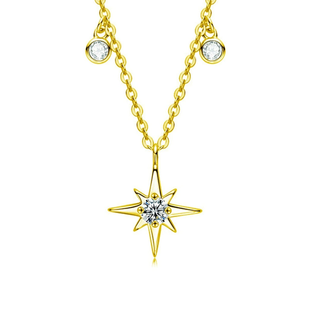 Six-Point Star Round Moissanite Necklace with CZ in Gold-Plated S925 sterling silver white background front product view showing geometric six-point star pendant centered with a round moissanite