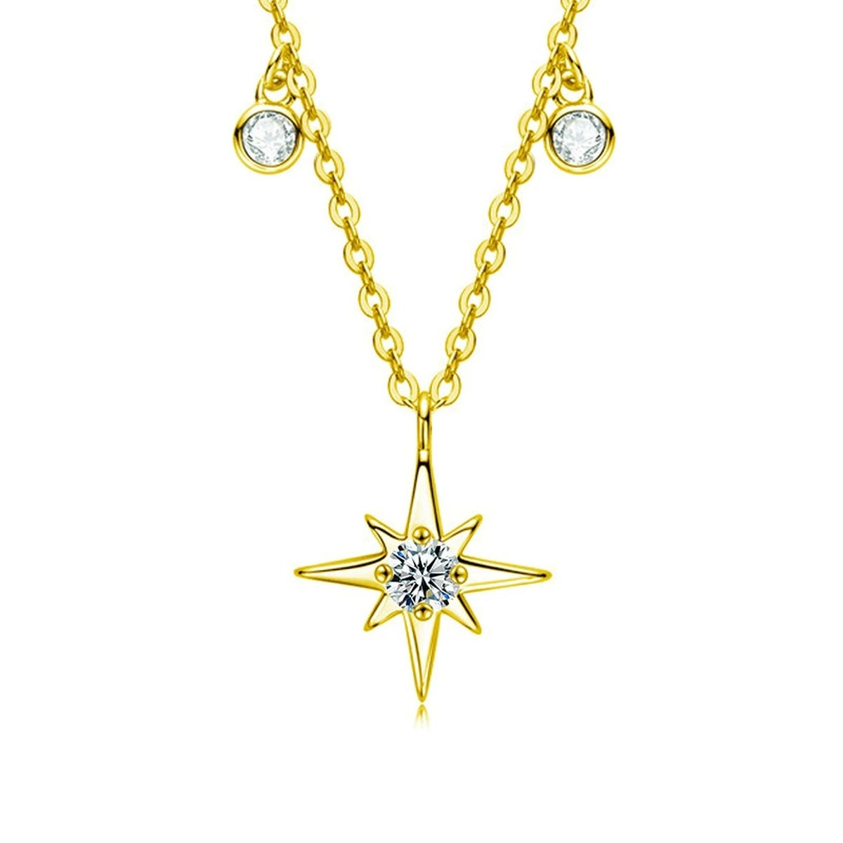 Six-Point Star Round Moissanite Necklace with CZ in Gold-Plated S925 sterling silver white background front product view showing geometric six-point star pendant centered with a round moissanite