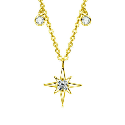 Six-Point Star Round Moissanite Necklace with CZ in Gold-Plated S925 sterling silver white background front product view showing geometric six-point star pendant centered with a round moissanite