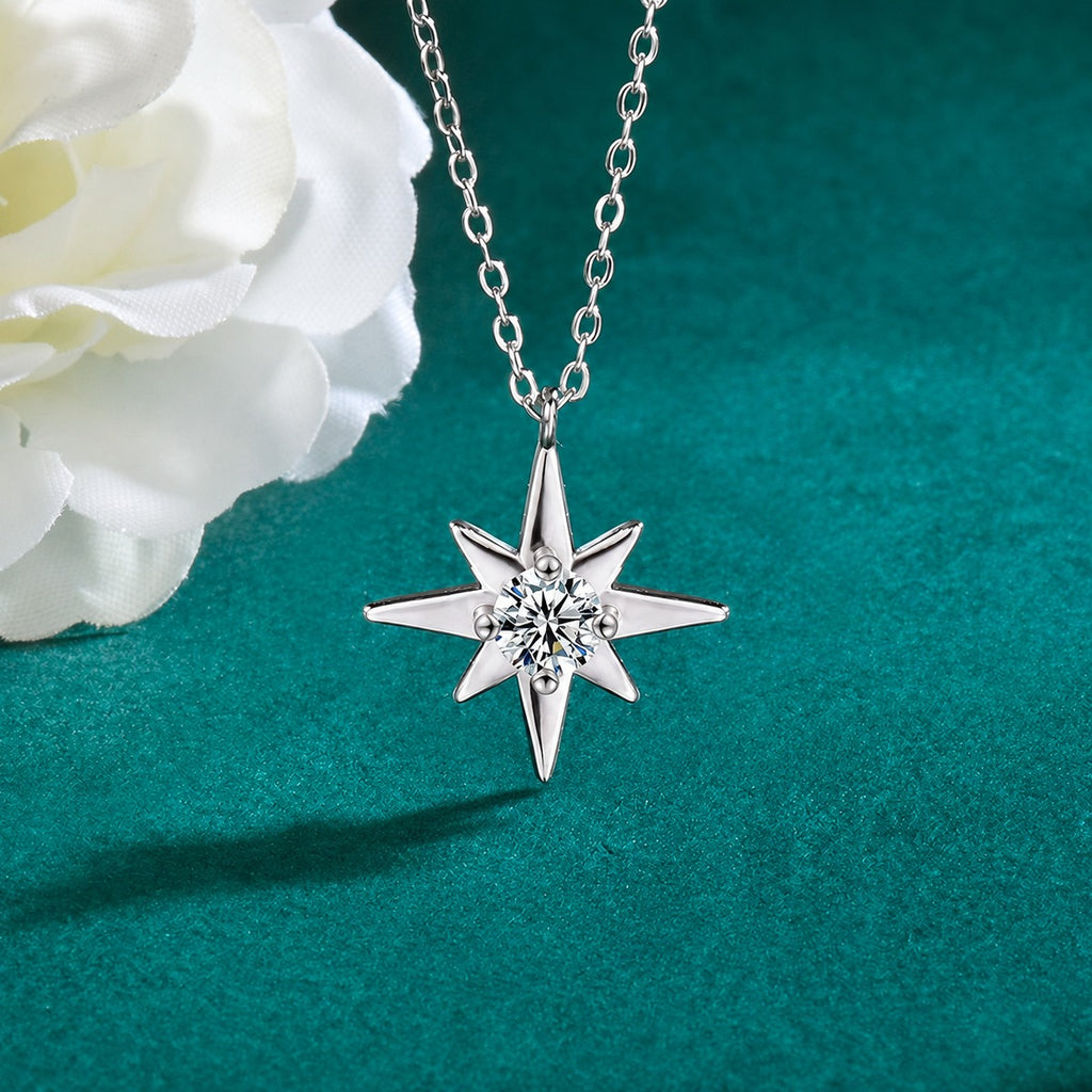 Six-Point Star Round Moissanite Necklace with CZ in Gold-Plated S925 sterling silver close-up styled product scene showing pendant setting