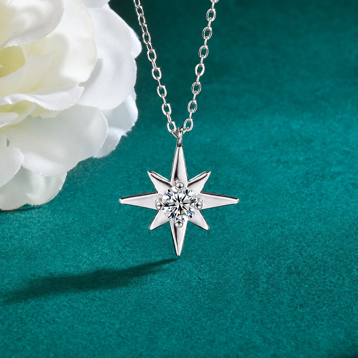 Six-Point Star Round Moissanite Necklace with CZ in Gold-Plated S925 sterling silver close-up styled product scene showing pendant setting