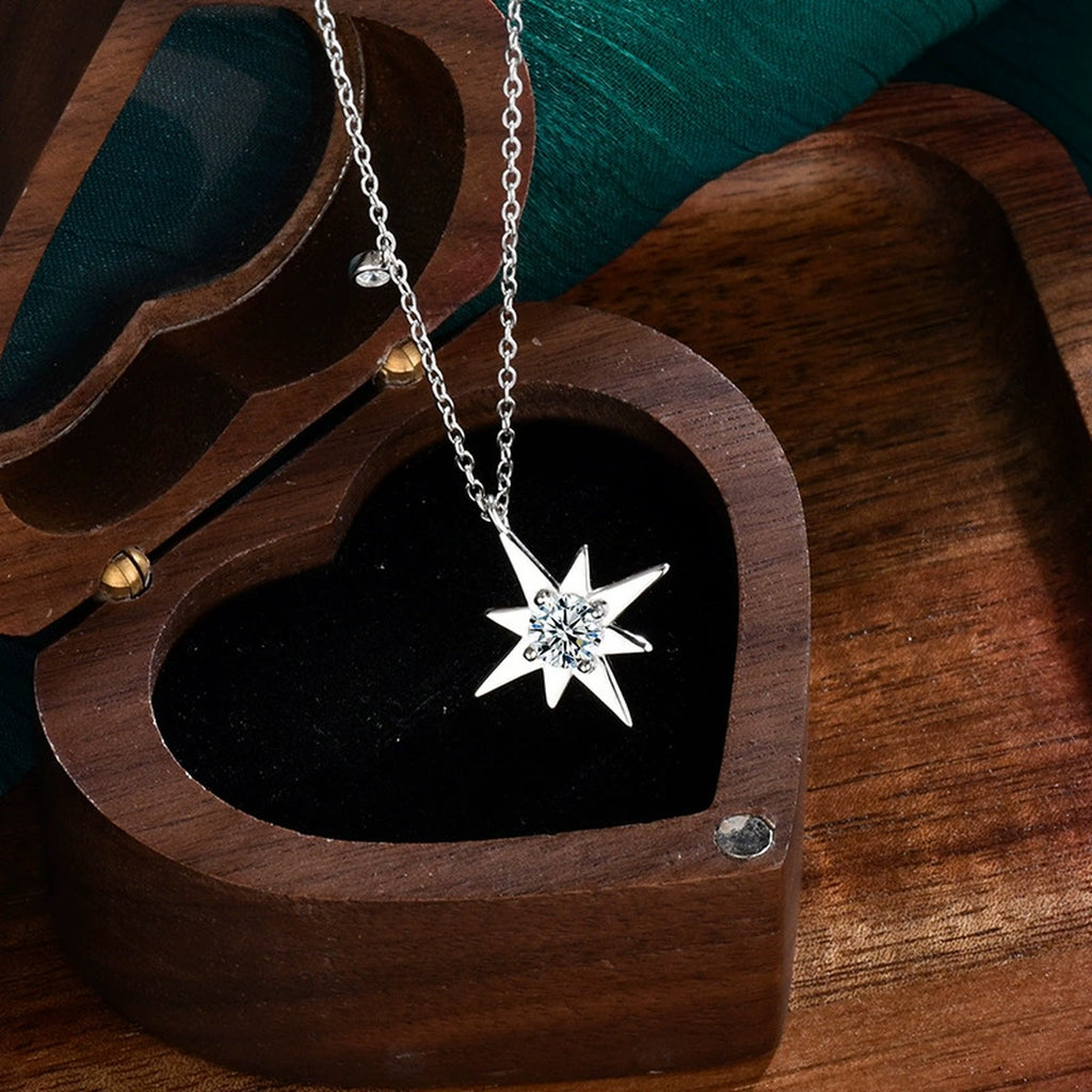 Six-Point Star Round Moissanite Necklace with CZ in Gold-Plated S925 sterling silver display scene showing chain and stone layout