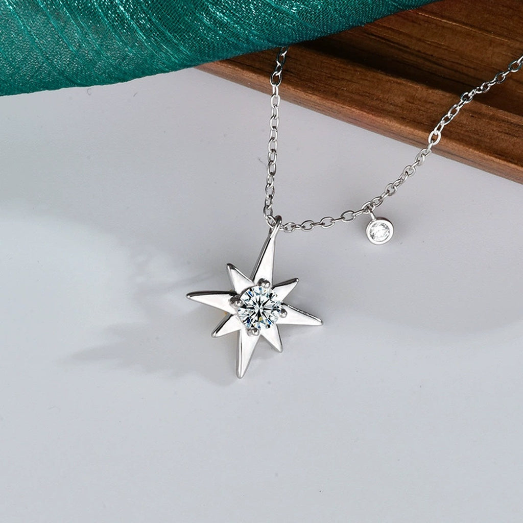 Six-Point Star Round Moissanite Necklace with CZ in Gold-Plated S925 sterling silver angled product detail view