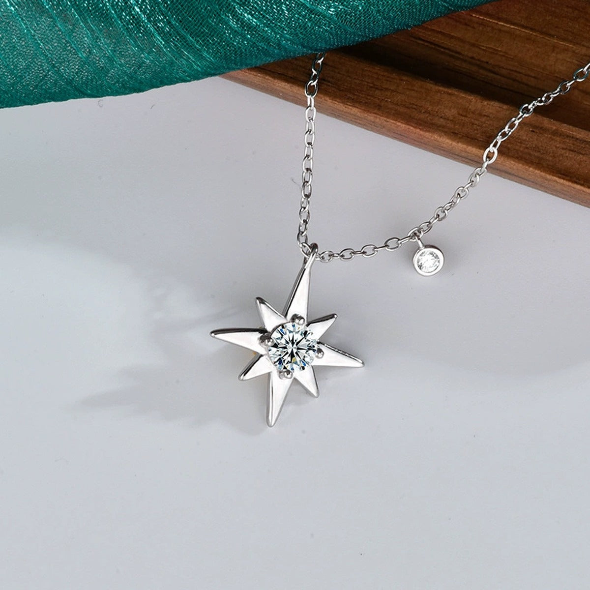 Six-Point Star Round Moissanite Necklace with CZ in Gold-Plated S925 sterling silver angled product detail view