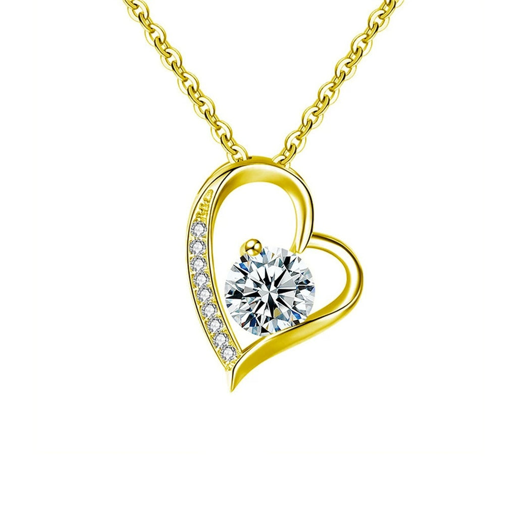 Double Heart Round Moissanite Necklace with CZ in Gold-Plated S925 sterling silver white background front product view showing interlocking double-heart pendant centered with a round moissanite