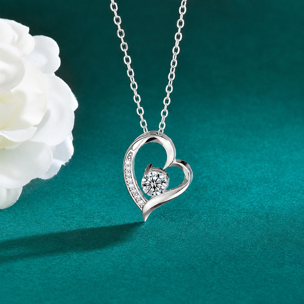 Double Heart Round Moissanite Necklace with CZ in Gold-Plated S925 sterling silver close-up styled product scene showing pendant setting