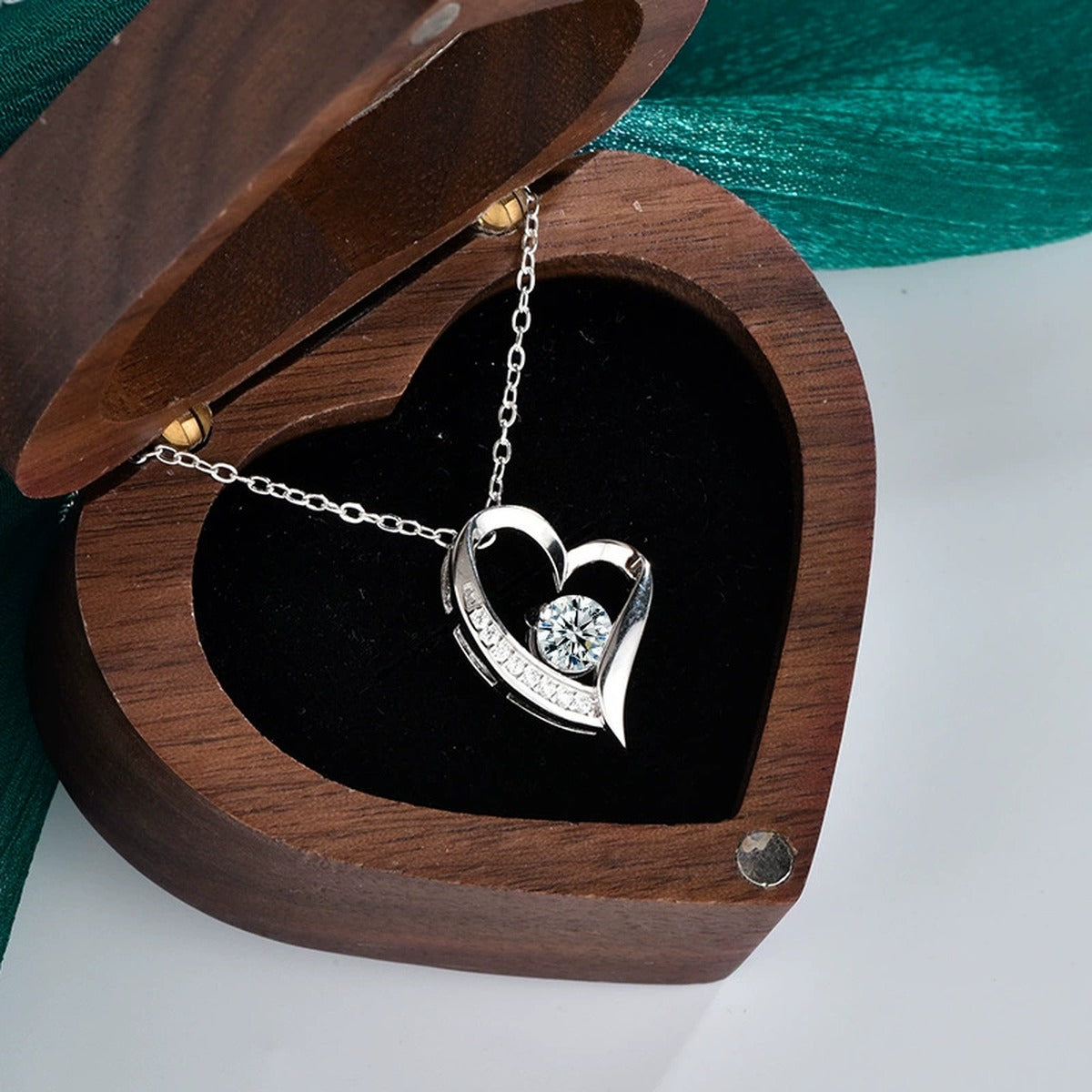 Double Heart Round Moissanite Necklace with CZ in Gold-Plated S925 sterling silver display scene showing chain and stone layout
