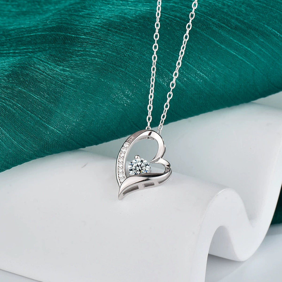 Double Heart Round Moissanite Necklace with CZ in Gold-Plated S925 sterling silver angled product detail view