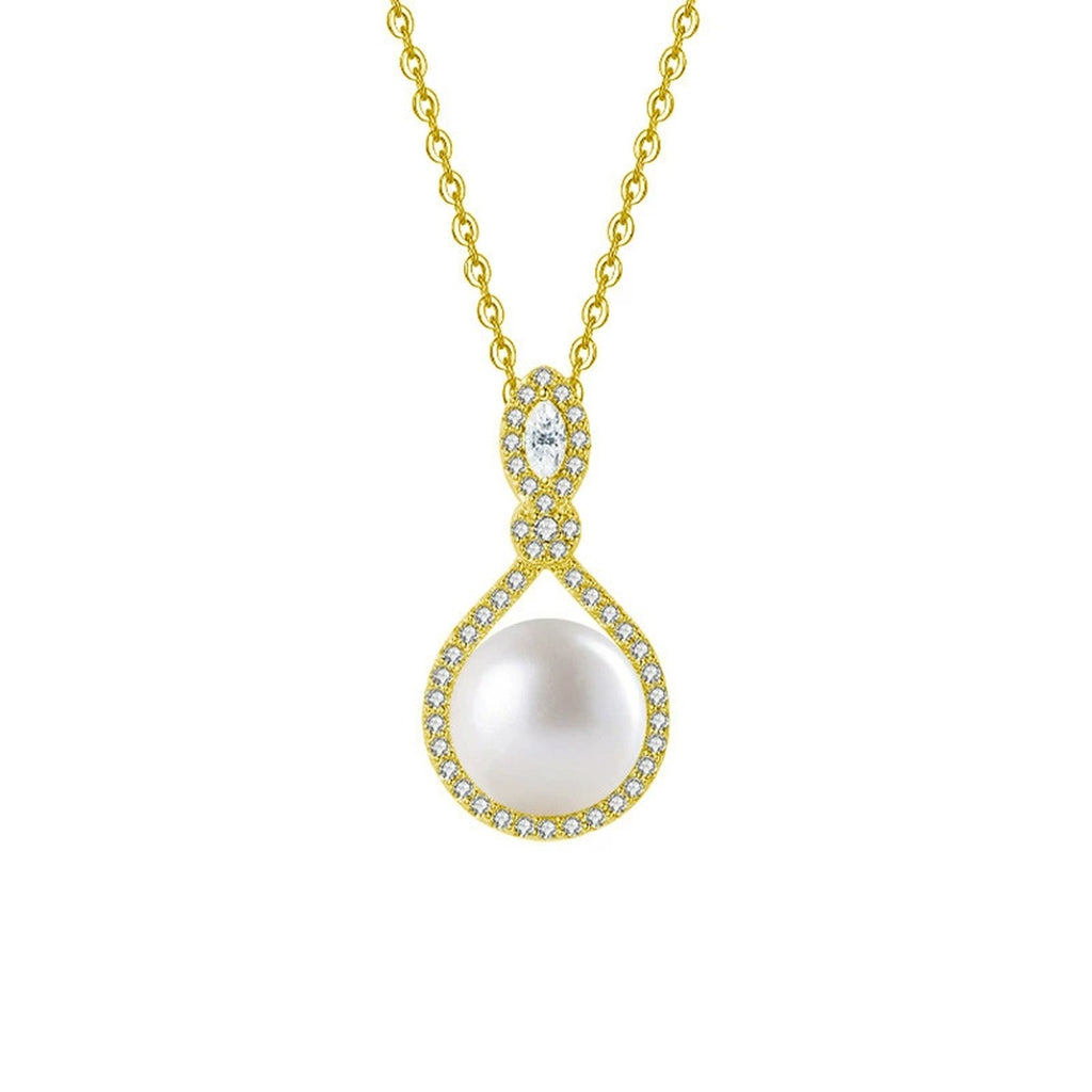 Teardrop Pearl Marquise Moissanite Necklace with CZ in Gold-Plated S925 sterling silver white background front product view showing teardrop pendant pairing a button pearl with marquise-cut moissanite and CZ