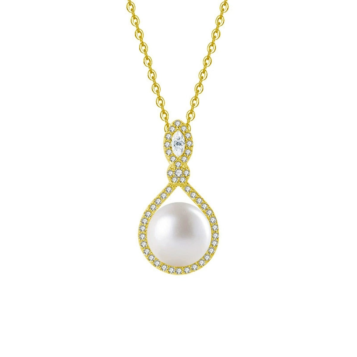 Teardrop Pearl Marquise Moissanite Necklace with CZ in Gold-Plated S925 sterling silver white background front product view showing teardrop pendant pairing a button pearl with marquise-cut moissanite and CZ