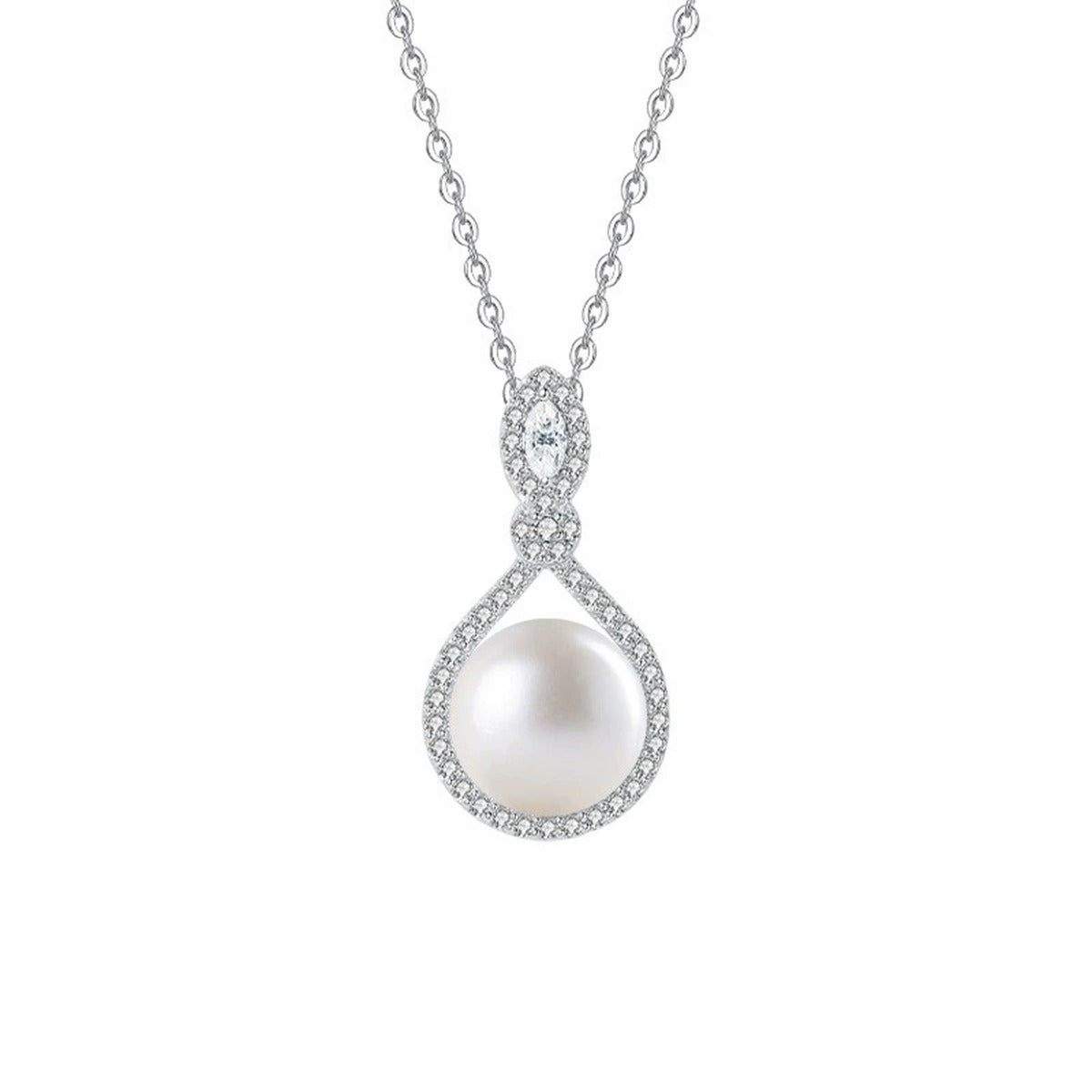 Teardrop Pearl Marquise Moissanite Necklace with CZ in Gold-Plated S925 sterling silver alternate metal color white background product view showing teardrop pendant pairing a button pearl with marquise-cut moissanite and CZ
