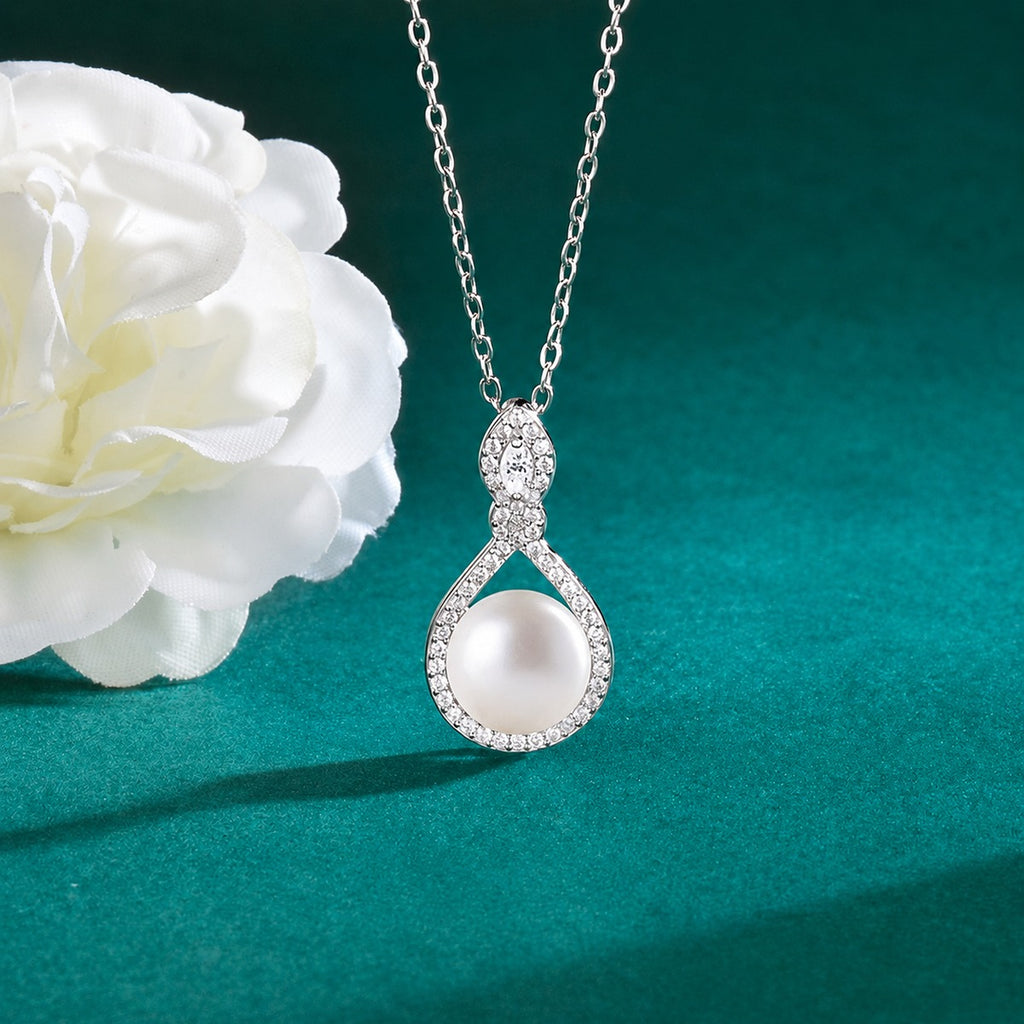 Teardrop Pearl Marquise Moissanite Necklace with CZ in Gold-Plated S925 sterling silver close-up styled product scene showing pendant setting