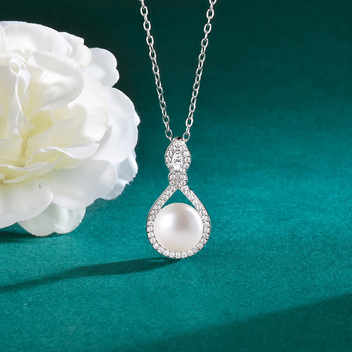 Teardrop Pearl Marquise Moissanite Necklace with CZ in Gold-Plated S925 sterling silver close-up styled product scene showing pendant setting