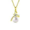 Bowknot Pearl Heart Cut Moissanite Necklace with CZ in Gold-Plated S925 sterling silver white background product photo showing bowknot pendant with a heart-cut moissanite, pearl drop and CZ accents