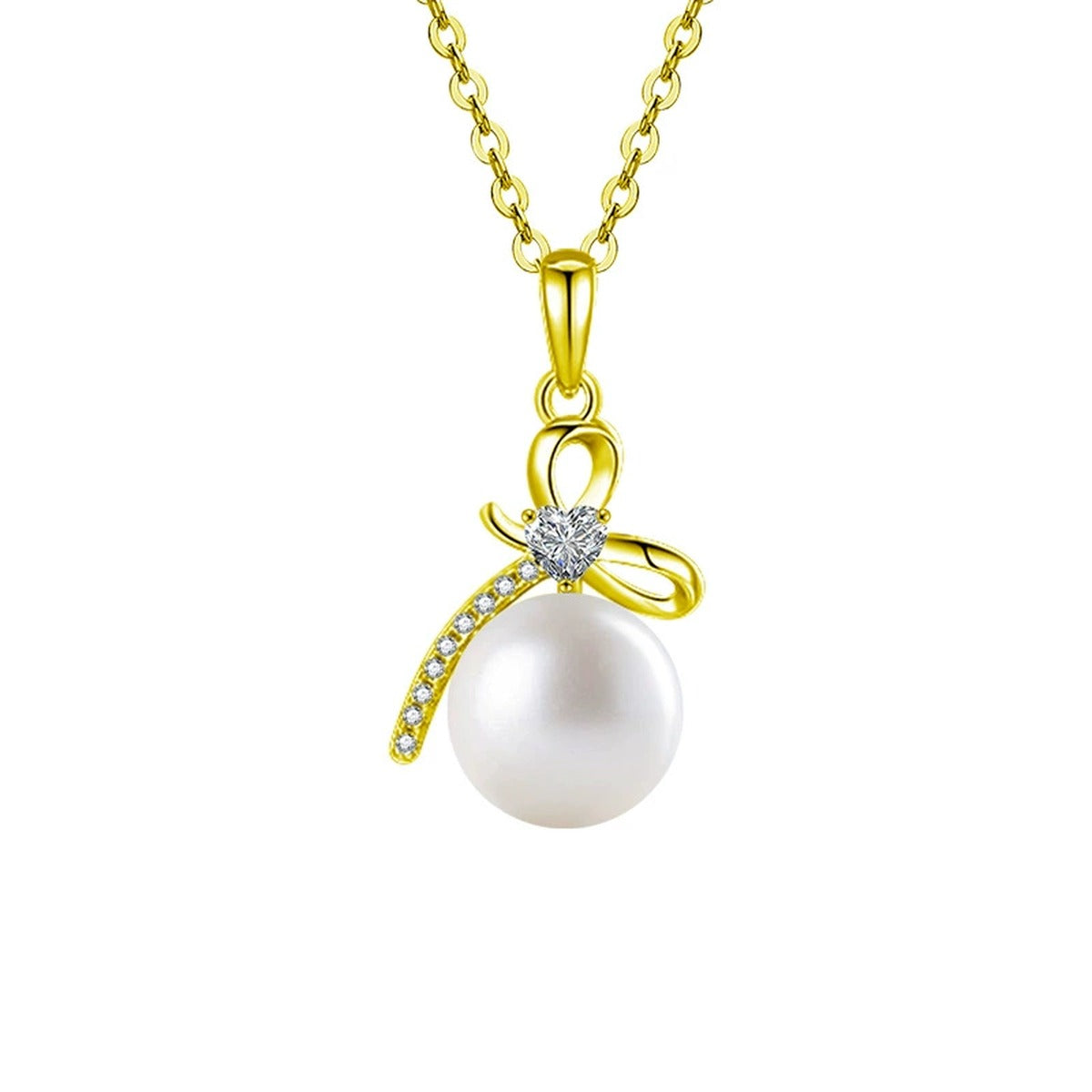 Bowknot Pearl Heart Cut Moissanite Necklace with CZ in Gold-Plated S925 sterling silver white background product photo showing bowknot pendant with a heart-cut moissanite, pearl drop and CZ accents