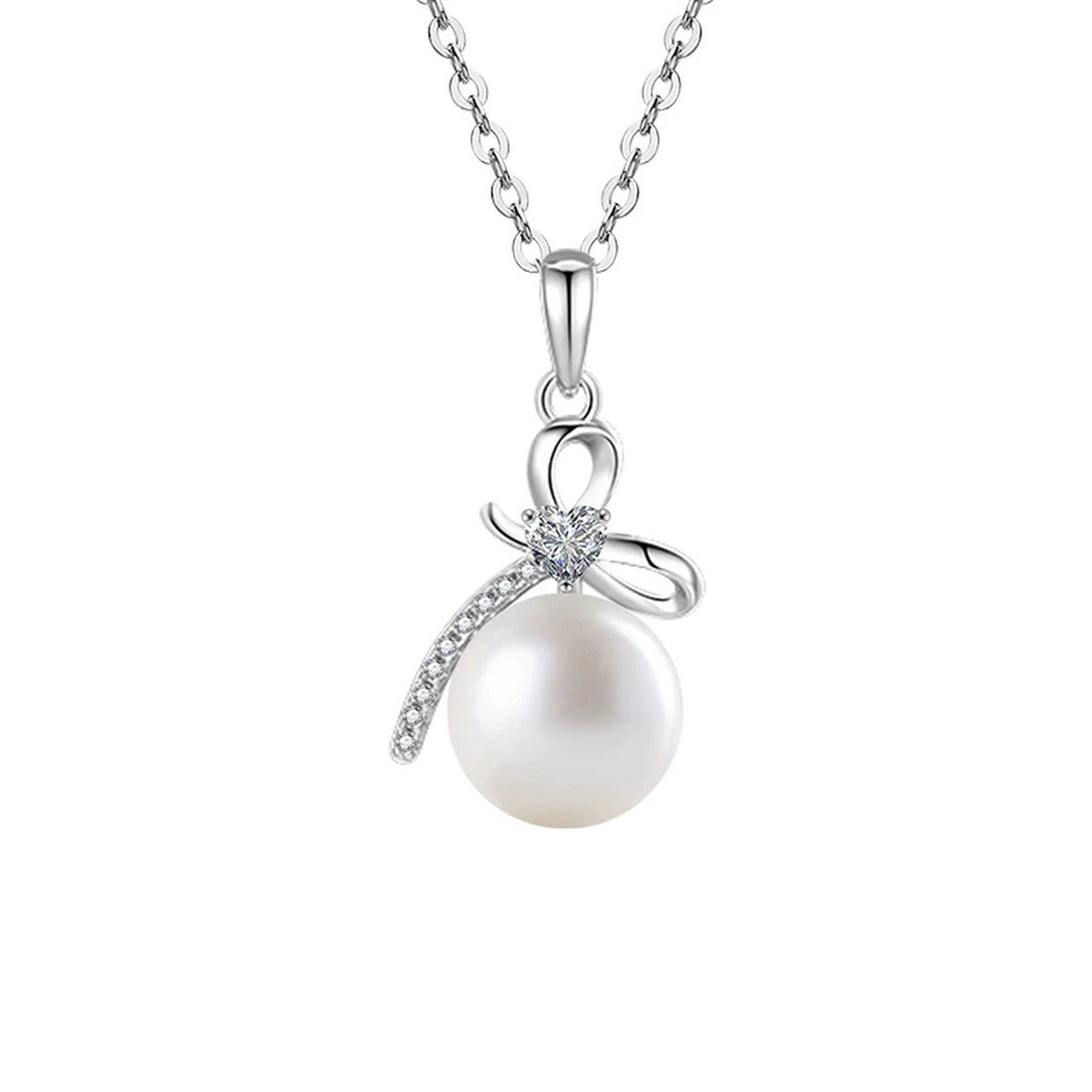 Bowknot Pearl Heart Cut Moissanite Necklace with CZ in Gold-Plated S925 sterling silver white background product photo showing bowknot pendant with a heart-cut moissanite, pearl drop and CZ accents