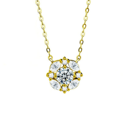 Floral Halo Round Moissanite Necklace with CZ in Gold-Plated S925 sterling silver white background front product view showing a round center stone framed by a petal-like floral halo