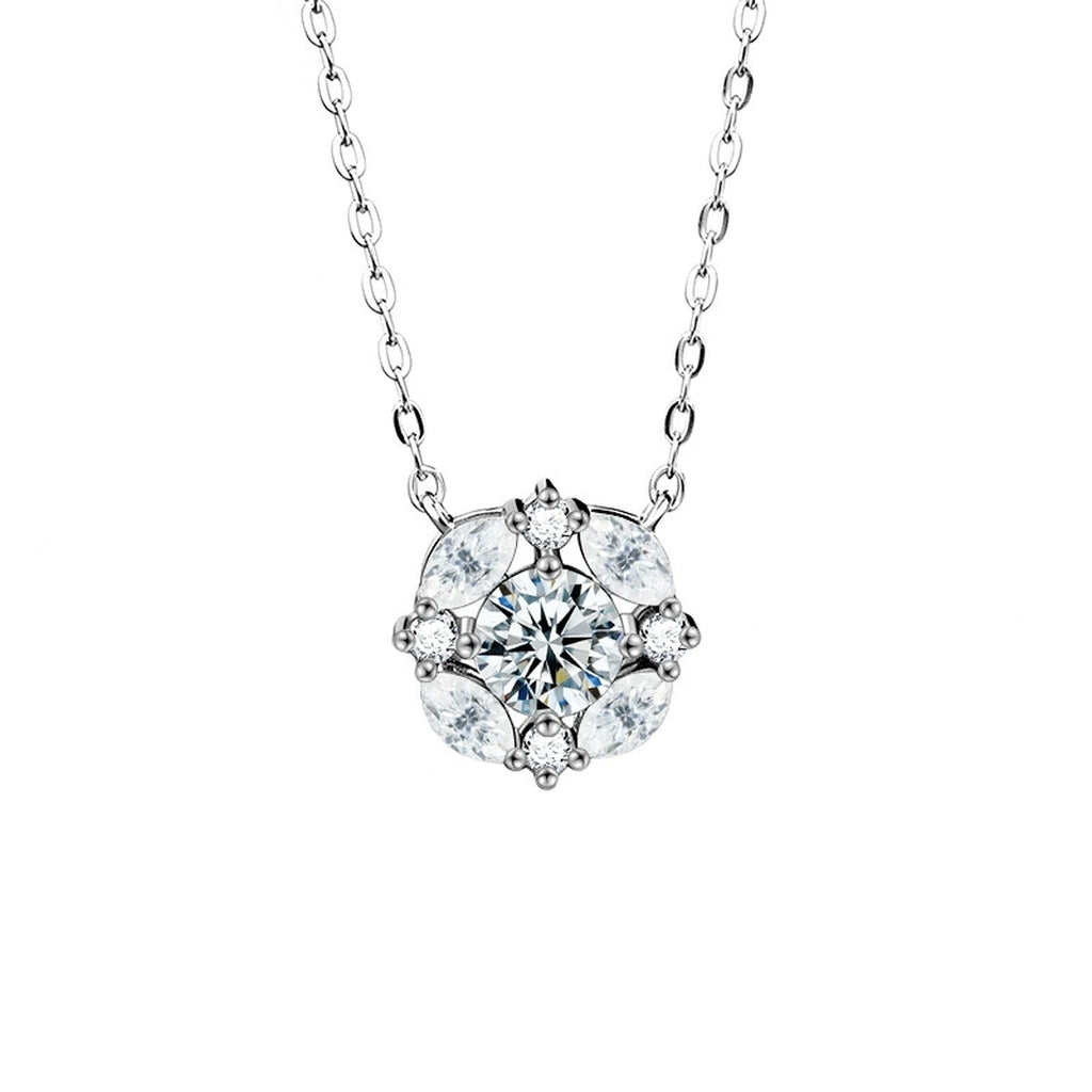 Floral Halo Round Moissanite Necklace with CZ in Gold-Plated S925 sterling silver alternate metal color white background product view showing a round center stone framed by a petal-like floral halo