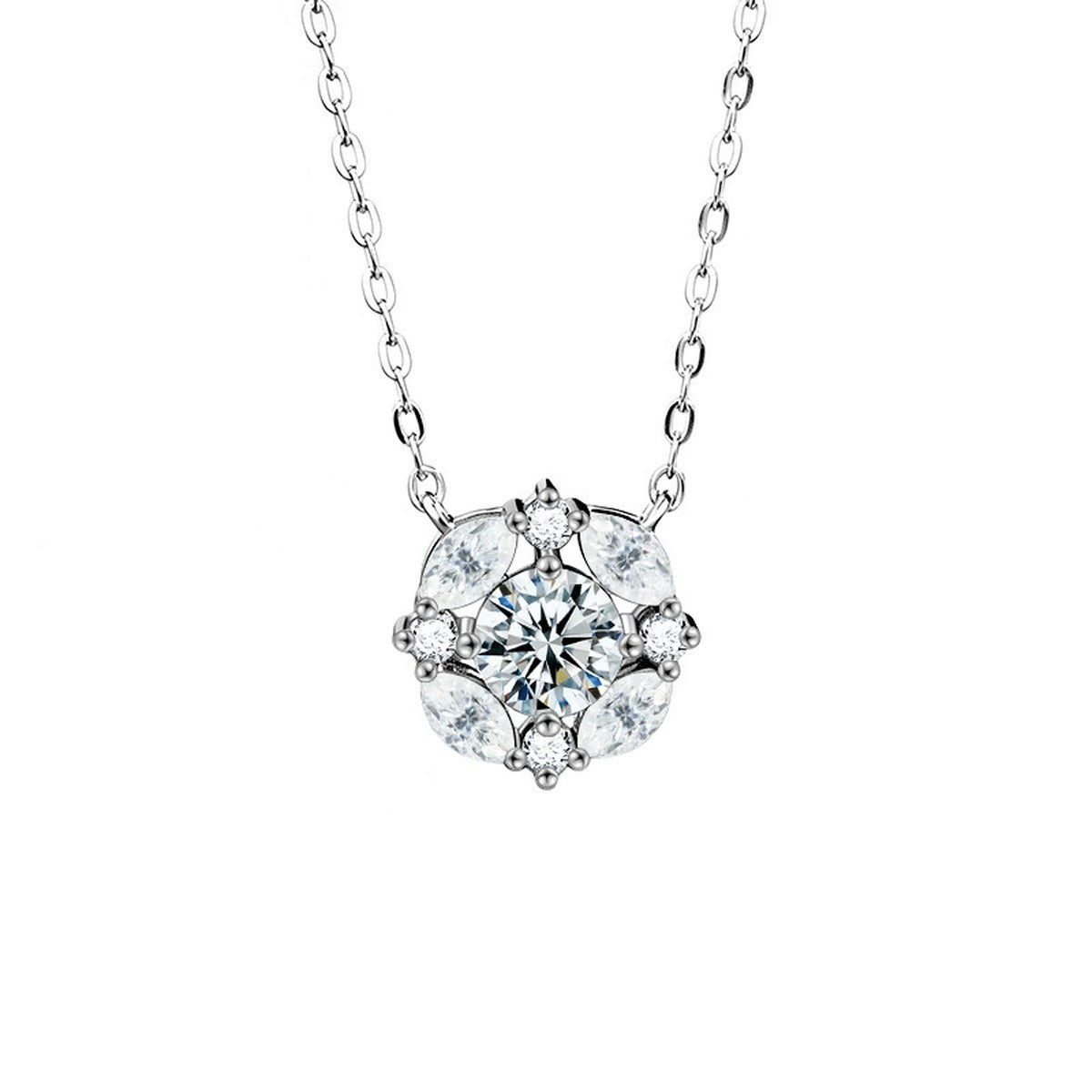 Floral Halo Round Moissanite Necklace with CZ in Gold-Plated S925 sterling silver alternate metal color white background product view showing a round center stone framed by a petal-like floral halo