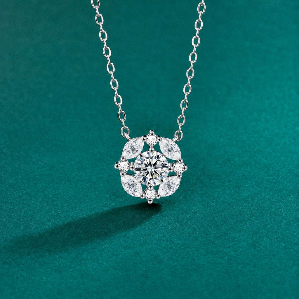 Floral Halo Round Moissanite Necklace with CZ in Gold-Plated S925 sterling silver close-up styled product scene showing pendant setting
