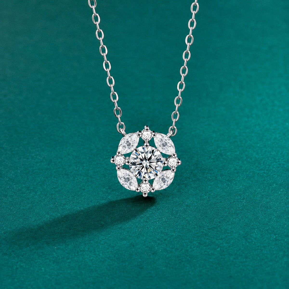 Floral Halo Round Moissanite Necklace with CZ in Gold-Plated S925 sterling silver close-up styled product scene showing pendant setting