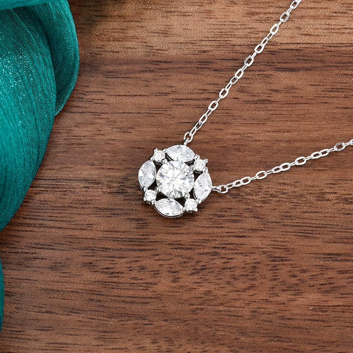 Floral Halo Round Moissanite Necklace with CZ in Gold-Plated S925 sterling silver display scene showing chain and stone layout
