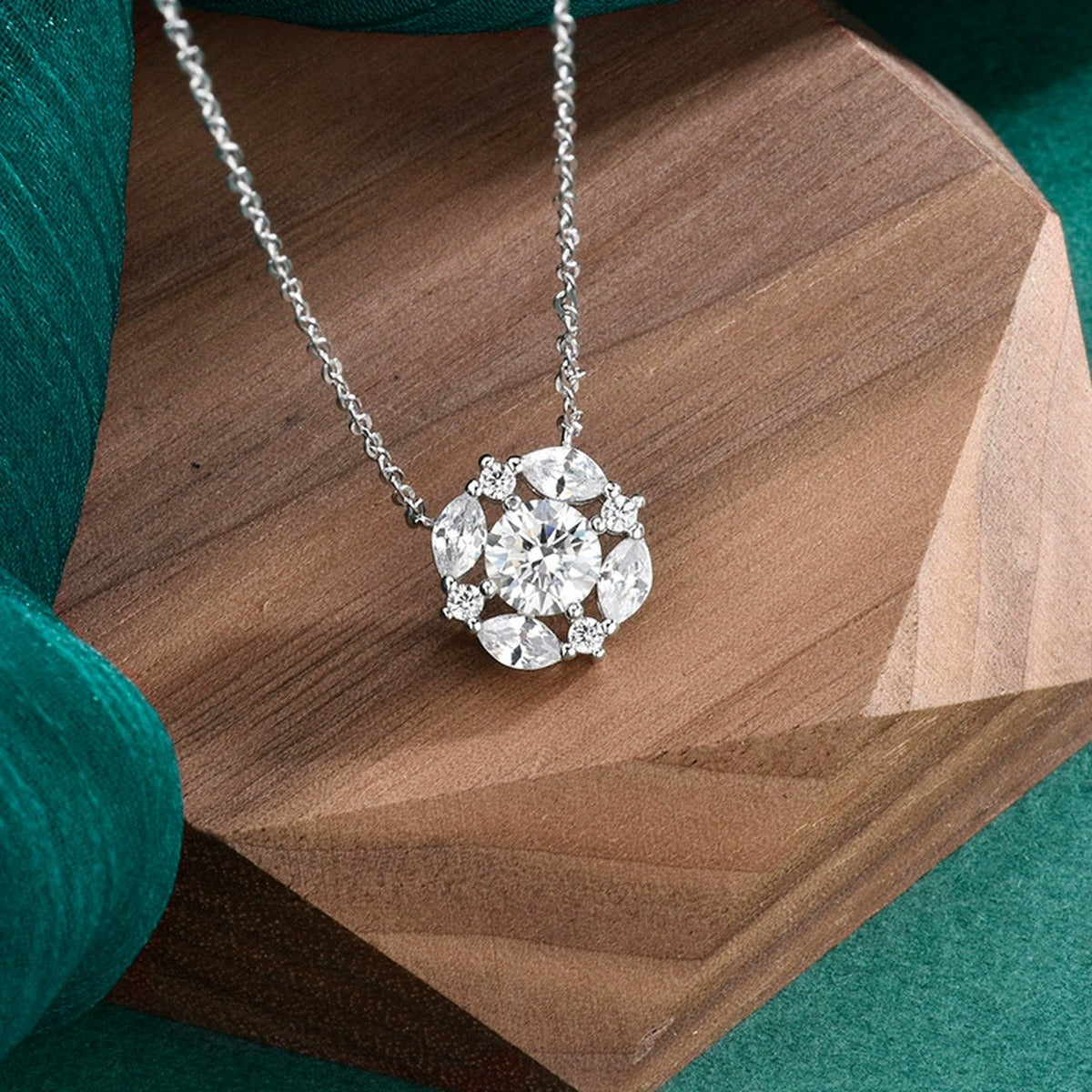 Floral Halo Round Moissanite Necklace with CZ in Gold-Plated S925 sterling silver angled product detail view