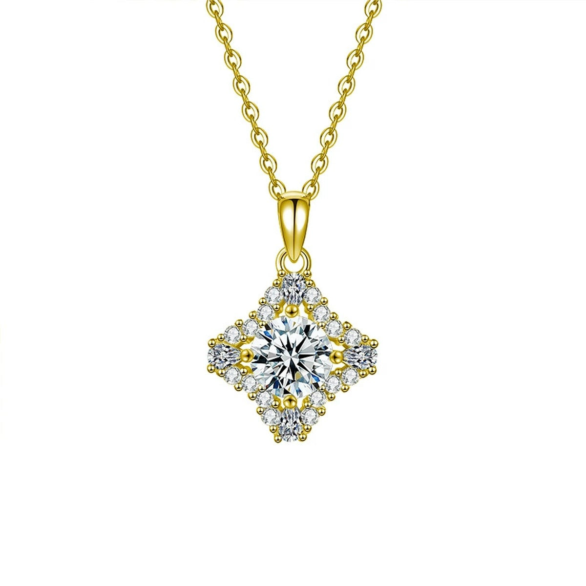 Four-Point Star Round Moissanite Necklace with CZ in Gold-Plated S925 sterling silver white background product photo showing four-point star pendant with a 1 ct round moissanite and CZ accents