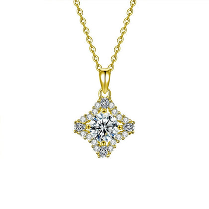 Four-Point Star Round Moissanite Necklace with CZ in Gold-Plated S925 sterling silver white background product photo showing four-point star pendant with a 1 ct round moissanite and CZ accents