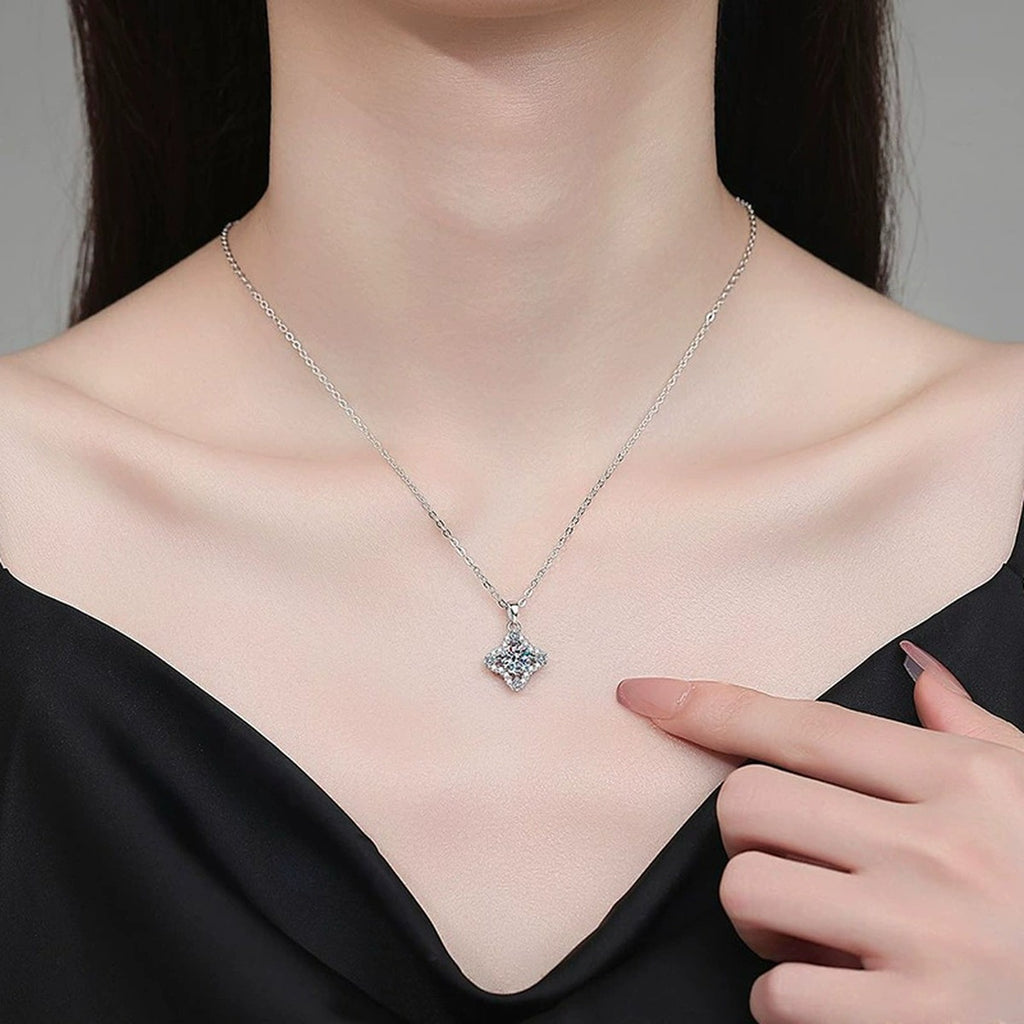 Four-Point Star Round Moissanite Necklace with CZ in Gold-Plated S925 sterling silver neckline model view showing pendant scale and chain length