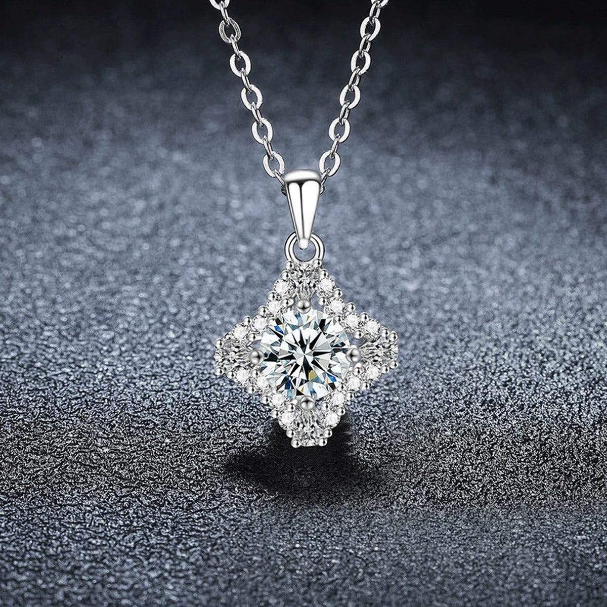 Four-Point Star Round Moissanite Necklace with CZ in Gold-Plated S925 sterling silver dark display product view showing pendant and chain
