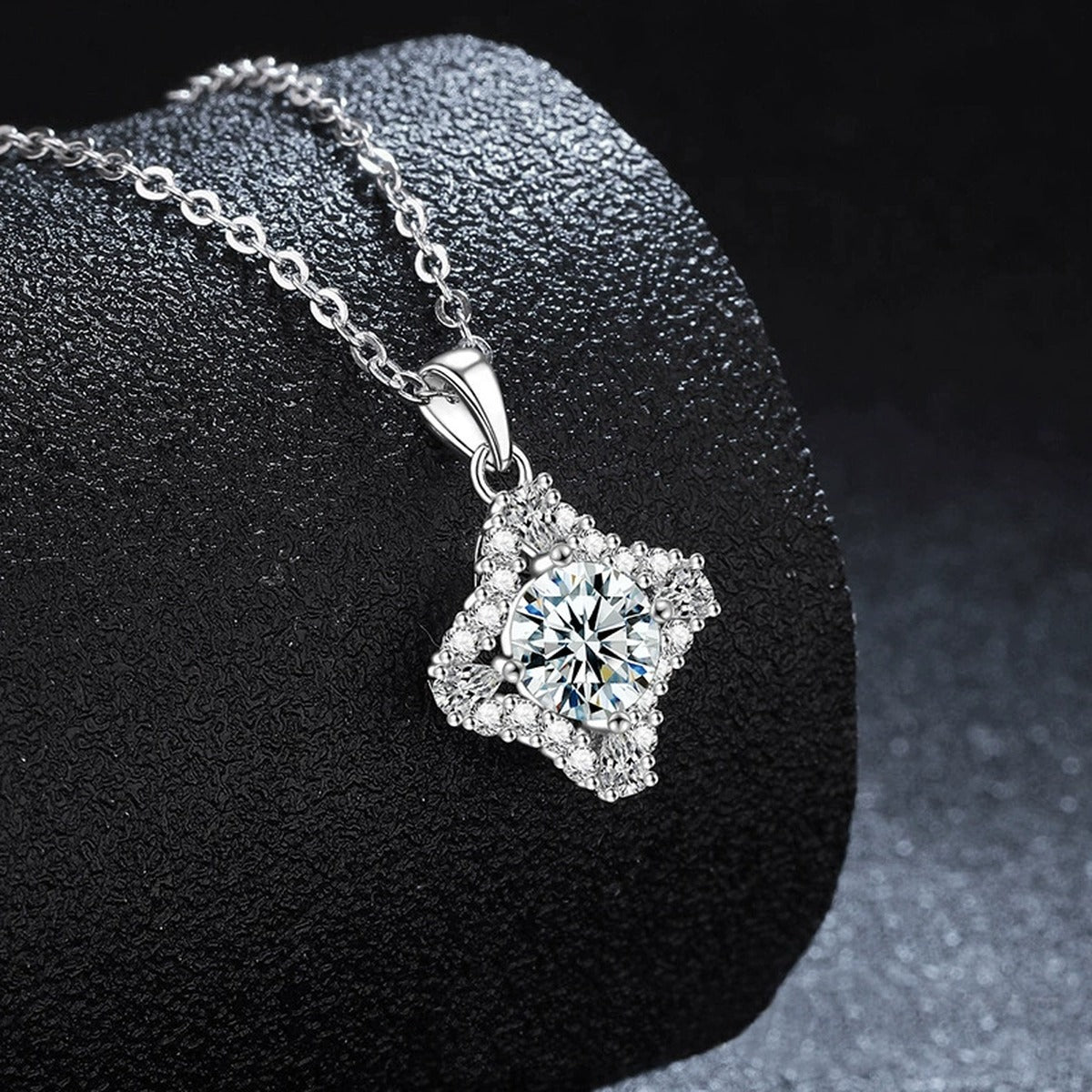 Four-Point Star Round Moissanite Necklace with CZ in Gold-Plated S925 sterling silver close-up product scene showing stone setting