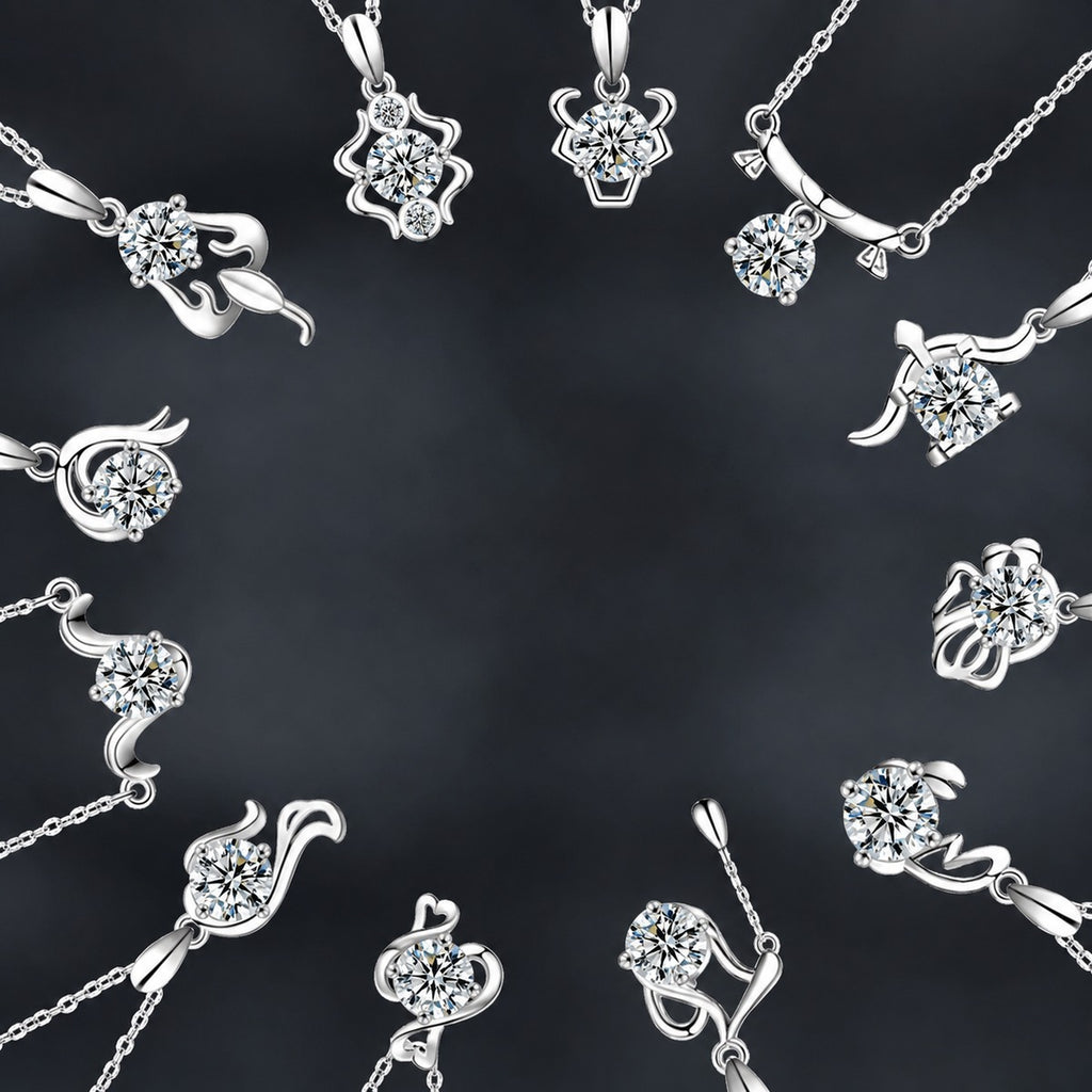 Zodiac Round Moissanite Necklace in Gold-Plated S925 sterling silver dark display product view showing pendant and chain