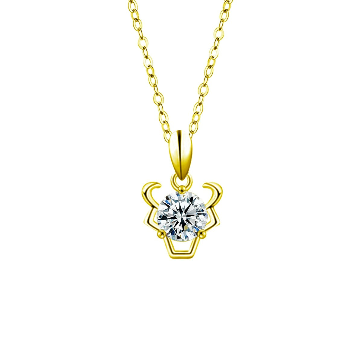 Zodiac Round Moissanite Necklace in Gold-Plated S925 sterling silver white background product photo showing zodiac pendant series with a 1 ct round moissanite center