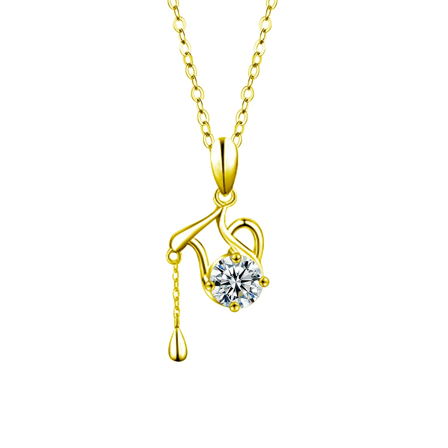 A gold pendant necklace featuring a stylized abstract design with a round clear gemstone and a small teardrop drop charm, shown on a plain white background.
