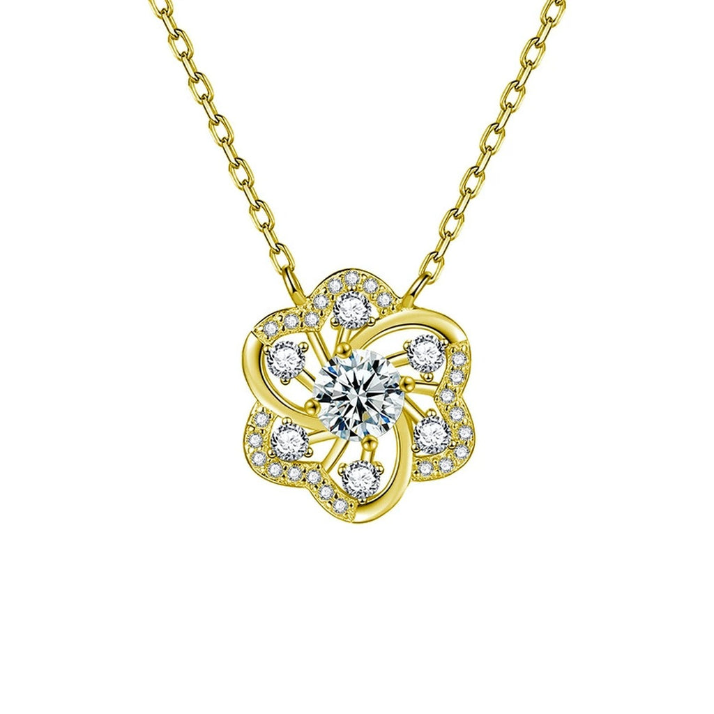 Pinwheel Round Moissanite Necklace with CZ in Gold-Plated S925 sterling silver white background product photo showing pinwheel pendant with a 0.5 ct round moissanite and CZ accents
