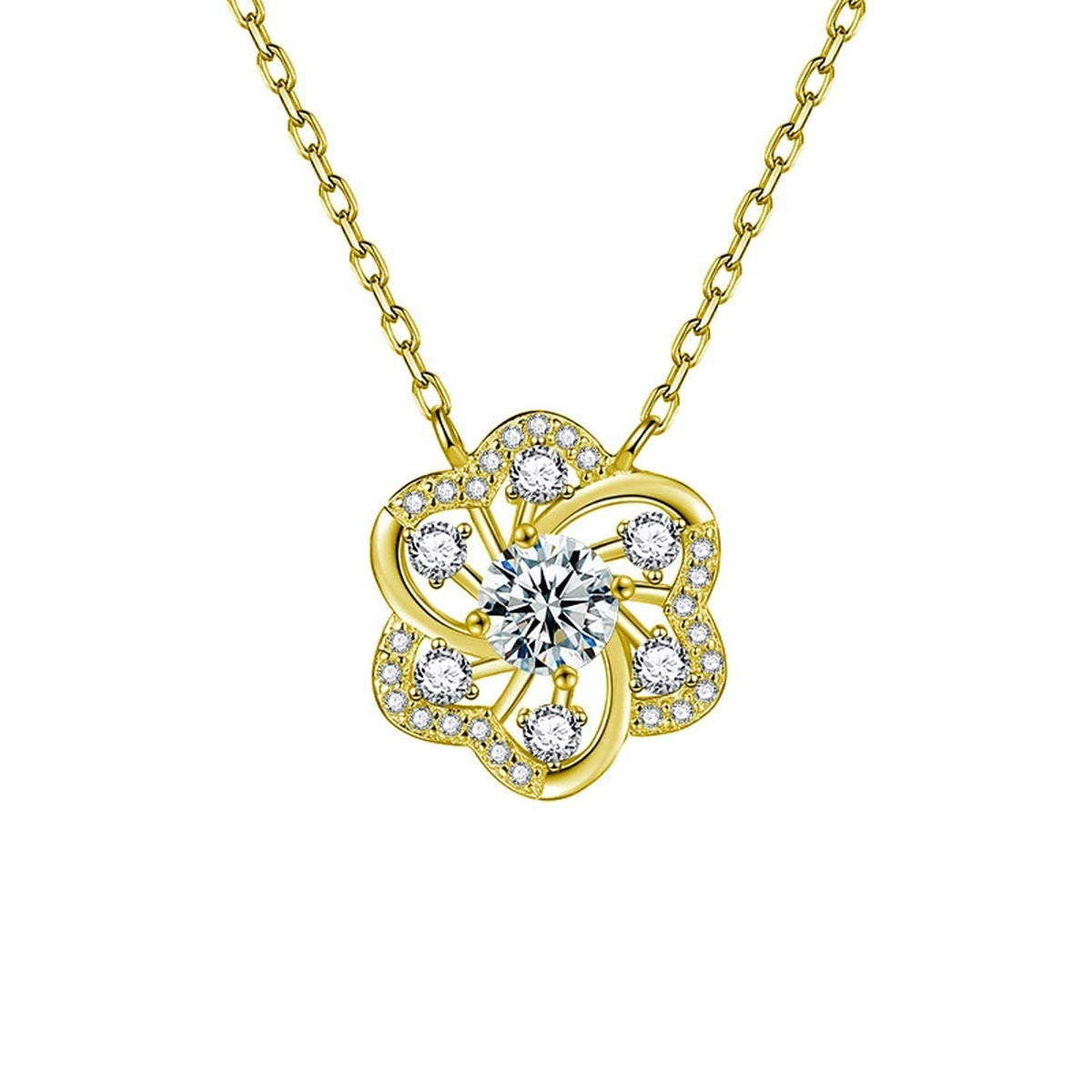 Pinwheel Round Moissanite Necklace with CZ in Gold-Plated S925 sterling silver white background product photo showing pinwheel pendant with a 0.5 ct round moissanite and CZ accents