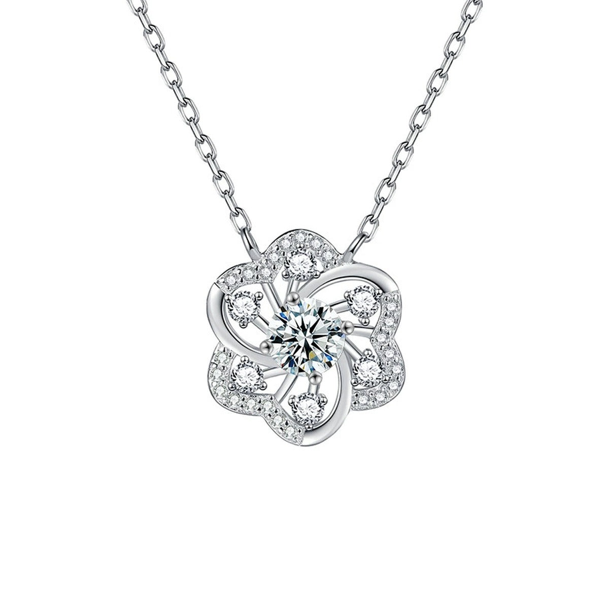 Pinwheel Round Moissanite Necklace with CZ in Gold-Plated S925 sterling silver white background product photo showing pinwheel pendant with a 0.5 ct round moissanite and CZ accents
