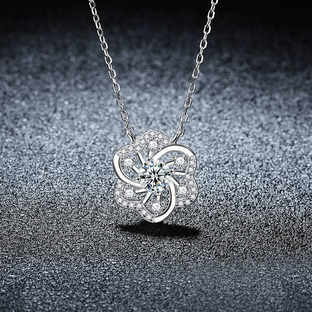 Pinwheel Round Moissanite Necklace with CZ in Gold-Plated S925 sterling silver dark display product view showing pendant and chain