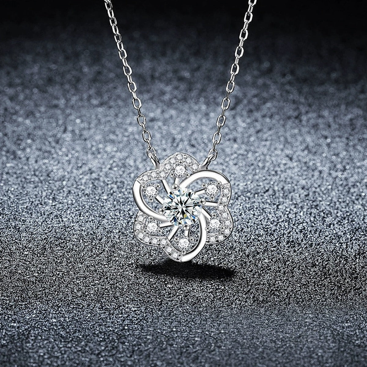 Pinwheel Round Moissanite Necklace with CZ in Gold-Plated S925 sterling silver dark display product view showing pendant and chain