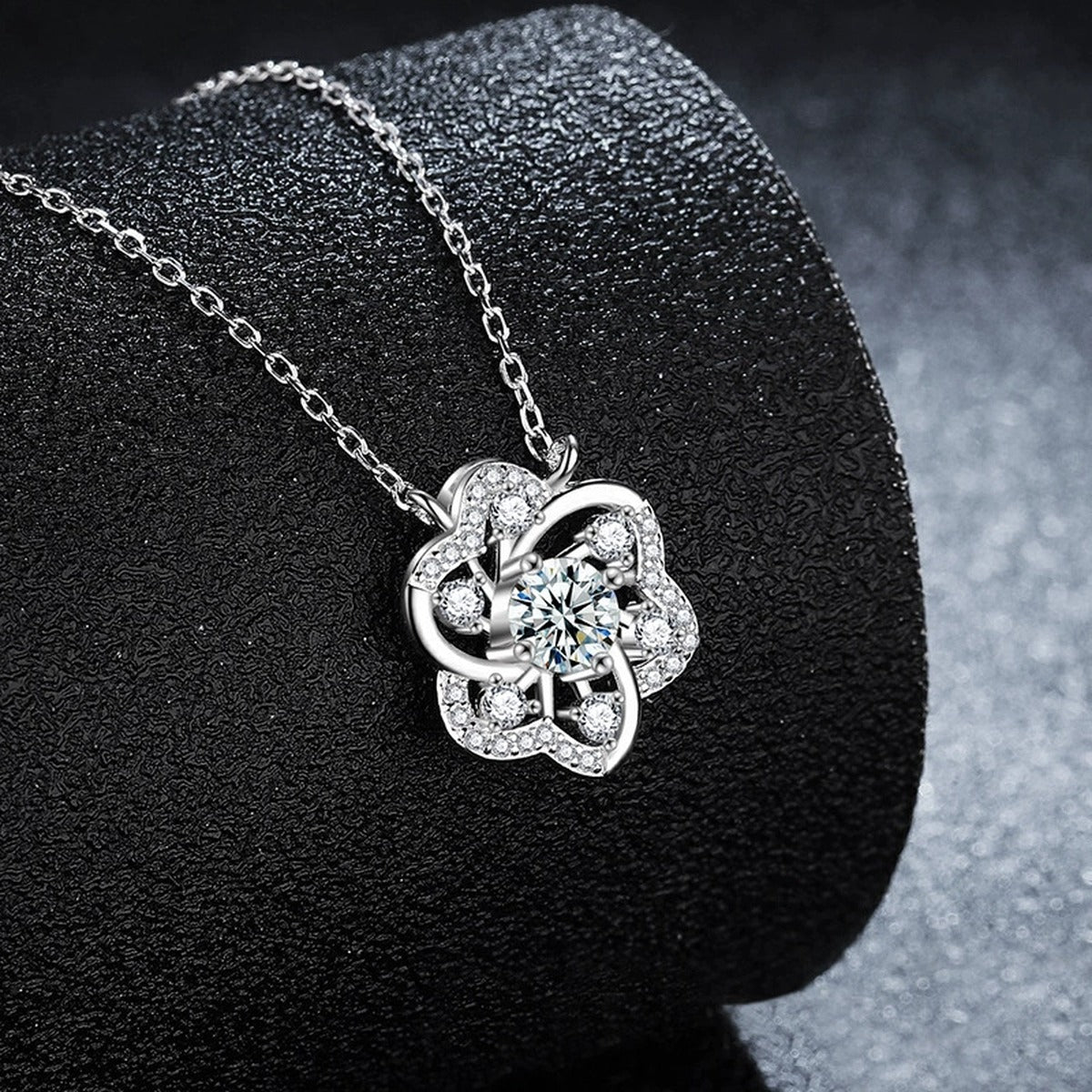 Pinwheel Round Moissanite Necklace with CZ in Gold-Plated S925 sterling silver close-up product scene showing stone setting