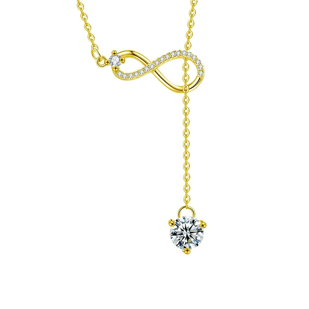 Infinity Drop Round Moissanite Necklace with CZ in Gold-Plated S925 sterling silver white background front product view showing elongated infinity-inspired pendant ending in a round moissanite drop