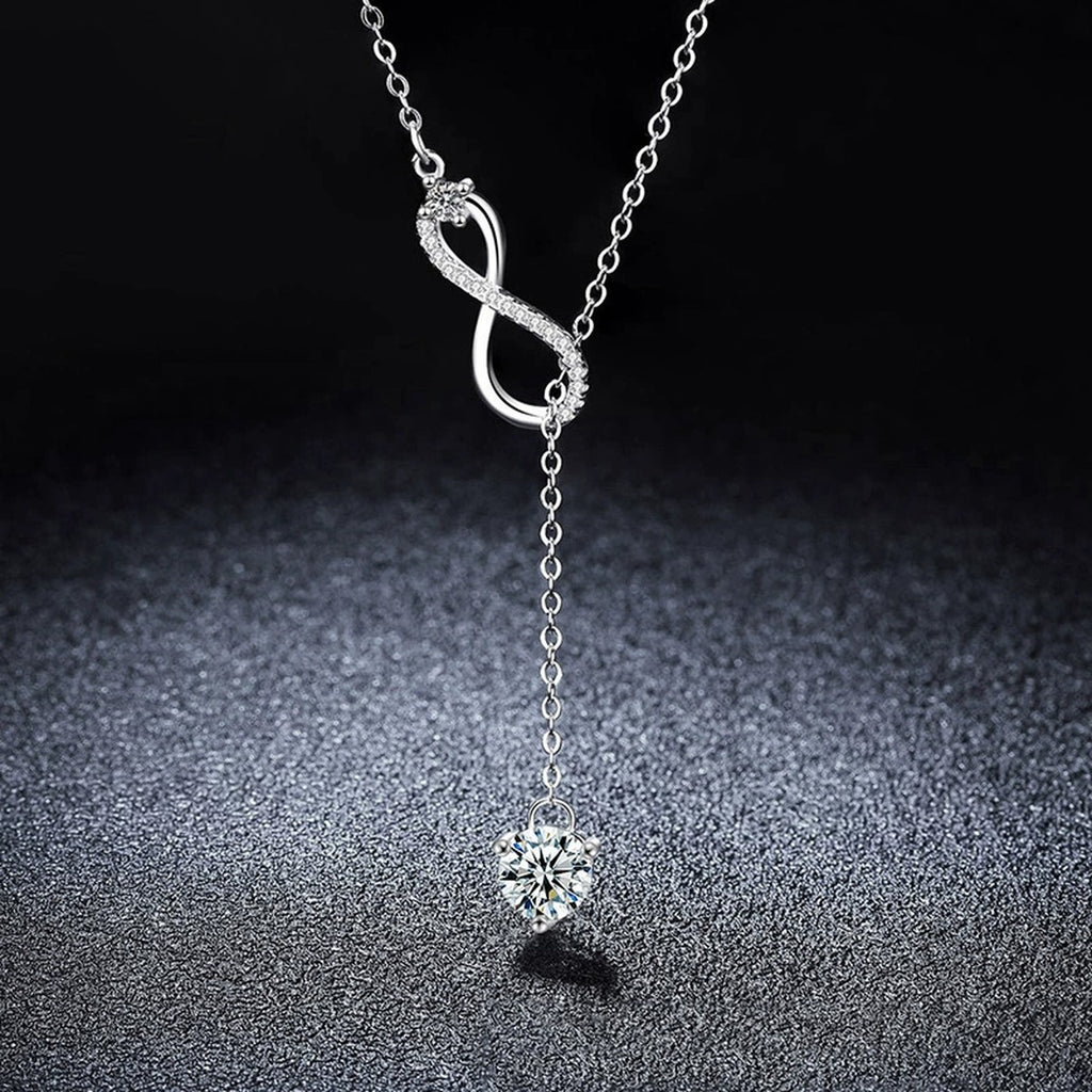 Infinity Drop Round Moissanite Necklace with CZ in Gold-Plated S925 sterling silver display scene showing chain and stone layout