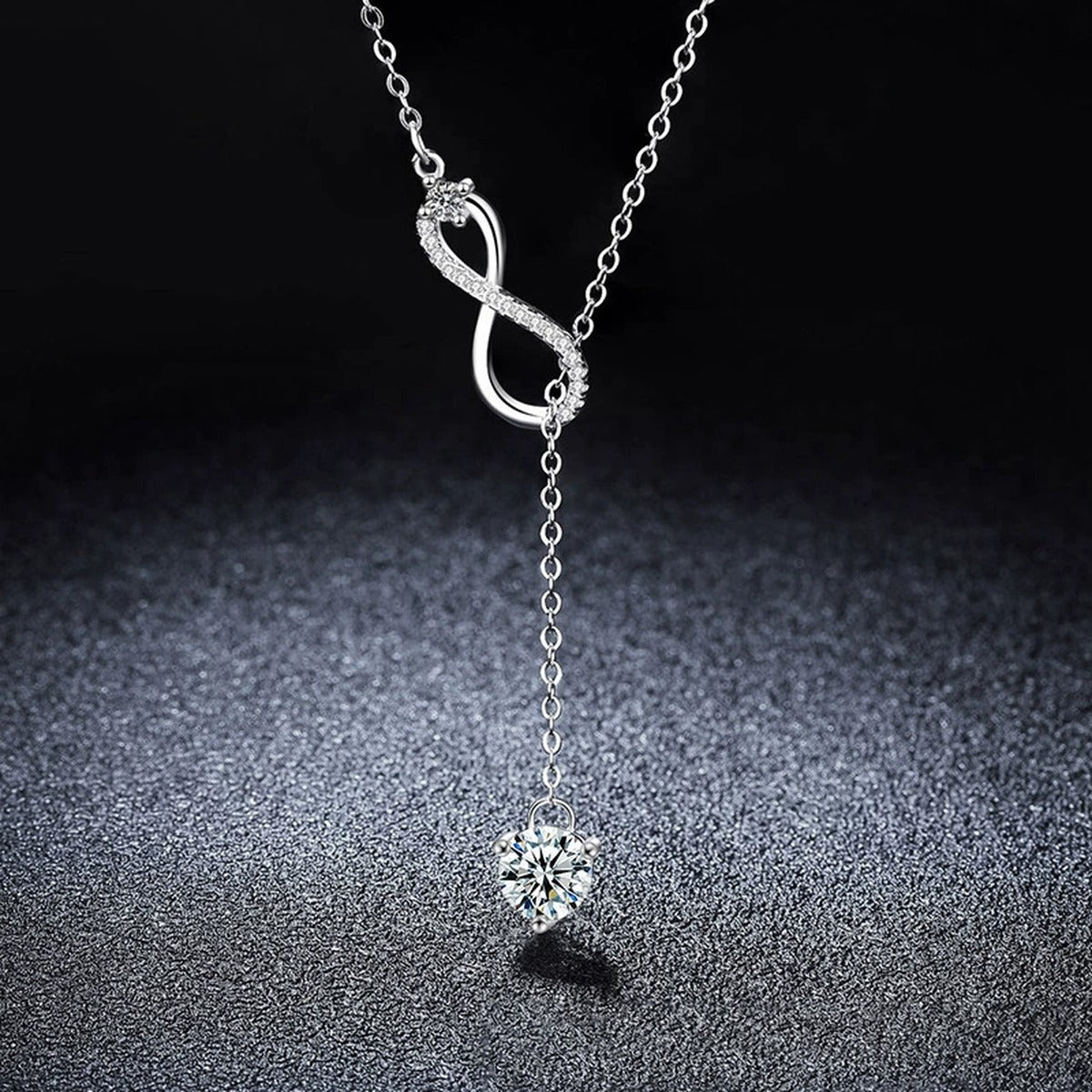 Infinity Drop Round Moissanite Necklace with CZ in Gold-Plated S925 sterling silver display scene showing chain and stone layout
