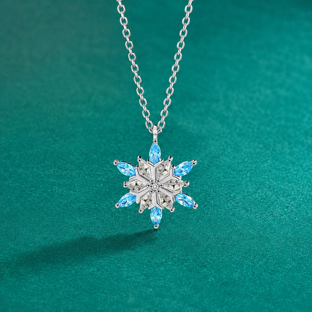 Blue CZ Snowflake Moissanite Necklace in White Gold-Plated S925 sterling silver close-up styled product scene showing pendant setting
