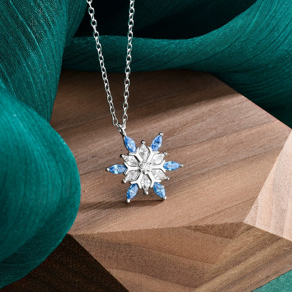 Blue CZ Snowflake Moissanite Necklace in White Gold-Plated S925 sterling silver angled product detail view