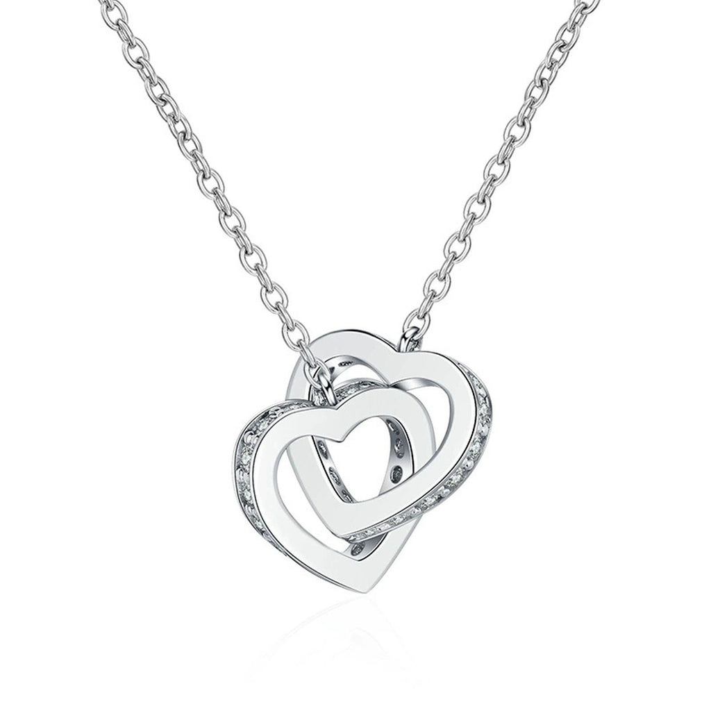 Interlocking Heart Moissanite Necklace in White Gold-Plated S925 sterling silver white background front product view showing two interlocking hearts traced with small round moissanite