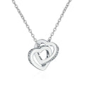 Interlocking Heart Moissanite Necklace in White Gold-Plated S925 sterling silver white background front product view showing two interlocking hearts traced with small round moissanite